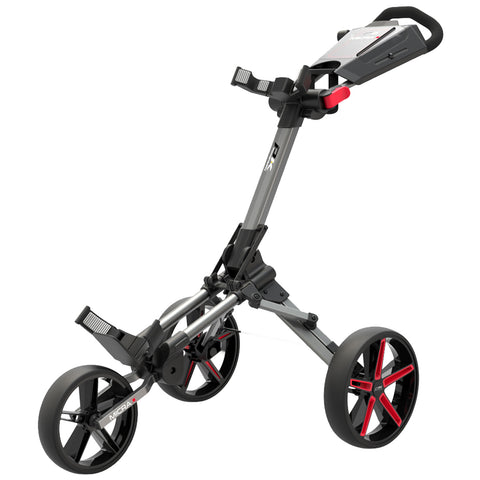 A golf push cart stands upright with three wheels including two larger rear wheels and one smaller front wheel features a silver and black frame with a handle for steering and storage compartment