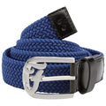 A braided blue belt is coiled with a shiny silver buckle at one end and a black leather tab at the other, designed for fastening around the waist in casual or formal attire.