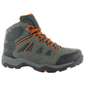Hi-Tec Mens Bandera II Waterproof Walking Boots A gray hiking boot with orange laces stands upright showcasing a durable design featuring mesh panels for breathability and a textured rubber sole suitable for outdoor activities.