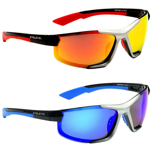 Two pairs of sporty sunglasses are displayed one above the other the top pair features red accents and a mirrored orange lens while the bottom pair has blue accents with a mirrored blue lens