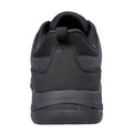 A black athletic shoe stands upright showcasing its rear view with a textured surface and a slip-resistant sole designed for comfortable wear in various environments.