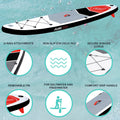 A paddleboard floats on turquoise water featuring D-ring attachments and a non-slip EVA deck. Surrounding paddlers engage in water activities while secure bungee cords and a comfort grip handle are visible.