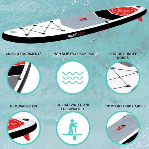 A paddleboard floats on turquoise water featuring D-ring attachments and a non-slip EVA deck. Surrounding paddlers engage in water activities while secure bungee cords and a comfort grip handle are visible.