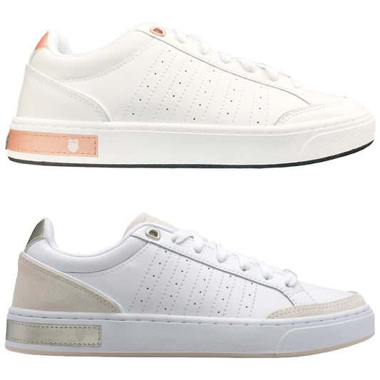 Two pairs of white sneakers are displayed side by side with subtle design differences including textures and colored accents on the heel. They sit on a plain background.