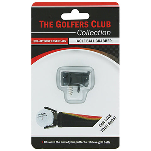 A golf ball grabber is packaged and displayed prominently with features highlighting its purpose for retrieving golf balls. The context includes a visual of a putter attachment with text promoting back protection.