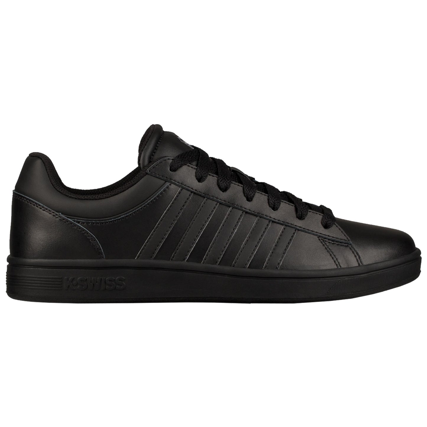 Black athletic shoe with a sleek design featuring flat laces and multiple side stripes positioned upright against a plain background emphasizing its minimalist style.