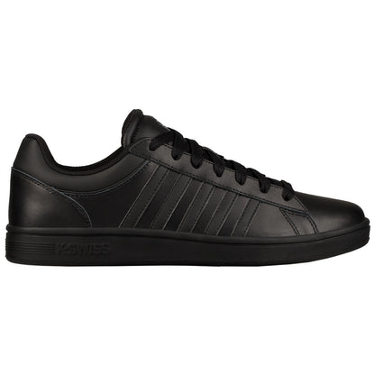 Black athletic shoe with a sleek design featuring flat laces and multiple side stripes positioned upright against a plain background emphasizing its minimalist style.