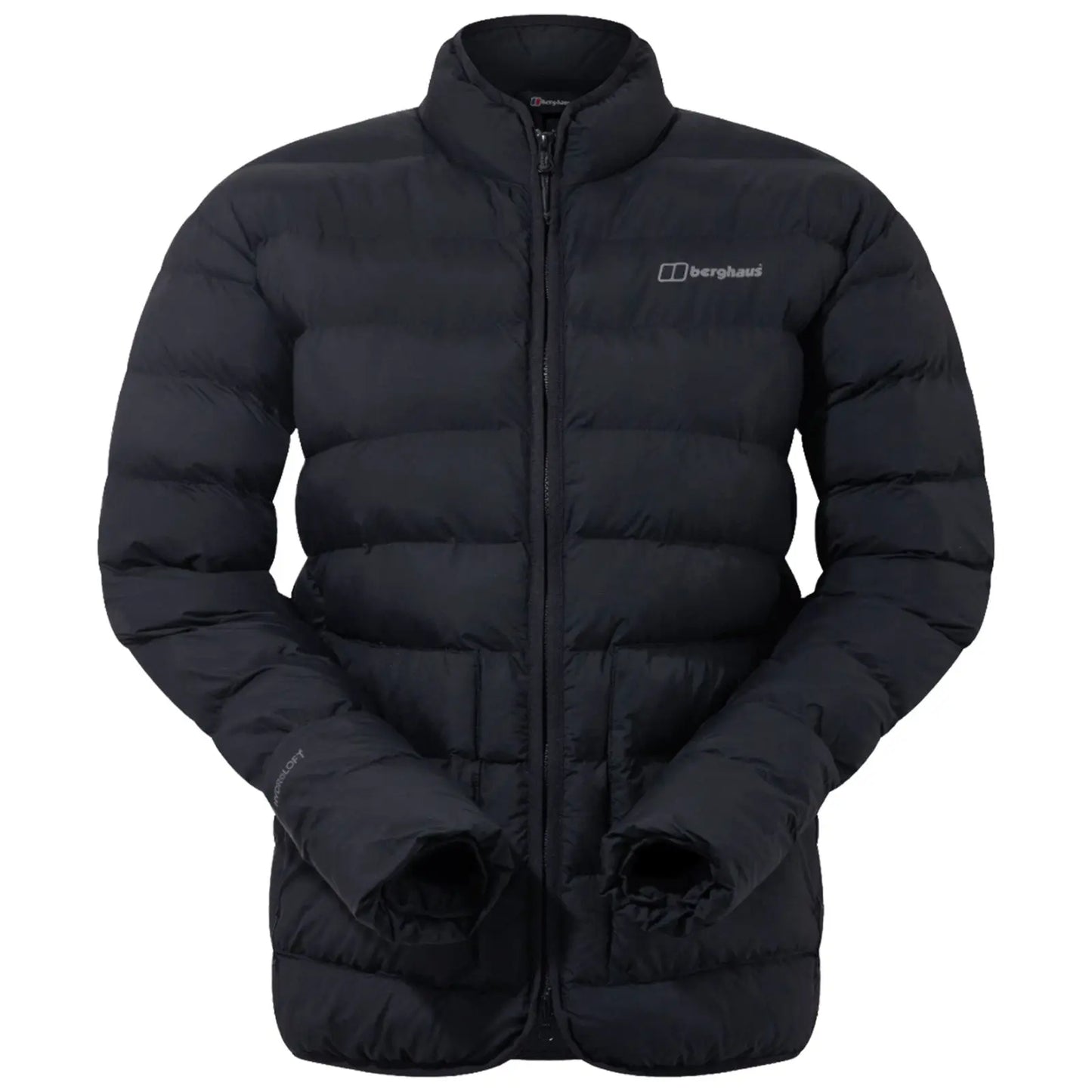 A black puffer jacket stands upright with its zip closed and sleeves extended the context suggests it is designed for warmth in cold outdoor environments. The brand logo is visible on the chest.