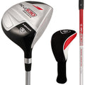 A golf driver with a sleek, silver and black design is displayed alongside a headcover. The driver features a large face and a slender shaft, ideal for hitting golf balls.
