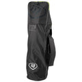 A tall black sports bag stands upright featuring a zipper at the top and a logo on the front it is designed for transporting equipment with a shoulder strap for easy carrying