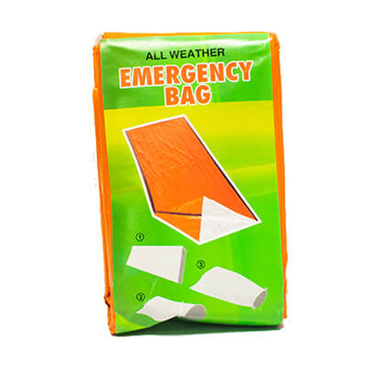 A brightly colored bag labeled "ALL WEATHER EMERGENCY BAG" is displayed with illustrations showing how to use it, suggesting it serves as protective cover or shelter in various weather conditions.