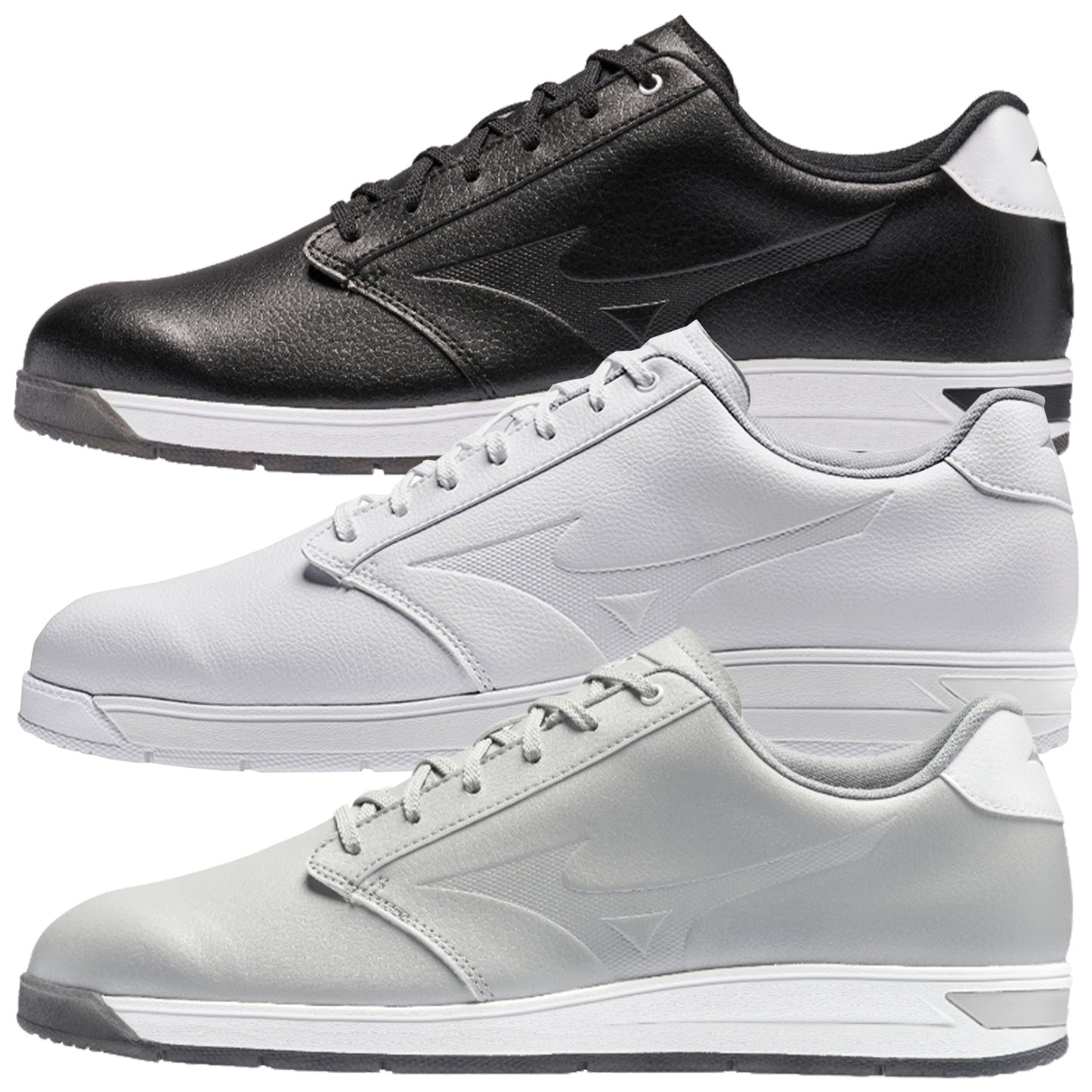 Three pairs of athletic shoes are arranged vertically featuring a black pair at the top a white pair in the middle and a gray pair at the bottom each with a sleek design and lace closures