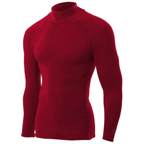 A red long-sleeve high-neck shirt hangs against a neutral background showcasing its fitted design and smooth fabric texture ideal for layering or athletic activities.