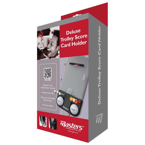 A rectangular packaging for a Deluxe Trolley Score Card Holder sits upright displaying a transparent front holder with compartments for score cards pencils and balls alongside a QR code for scanning.
