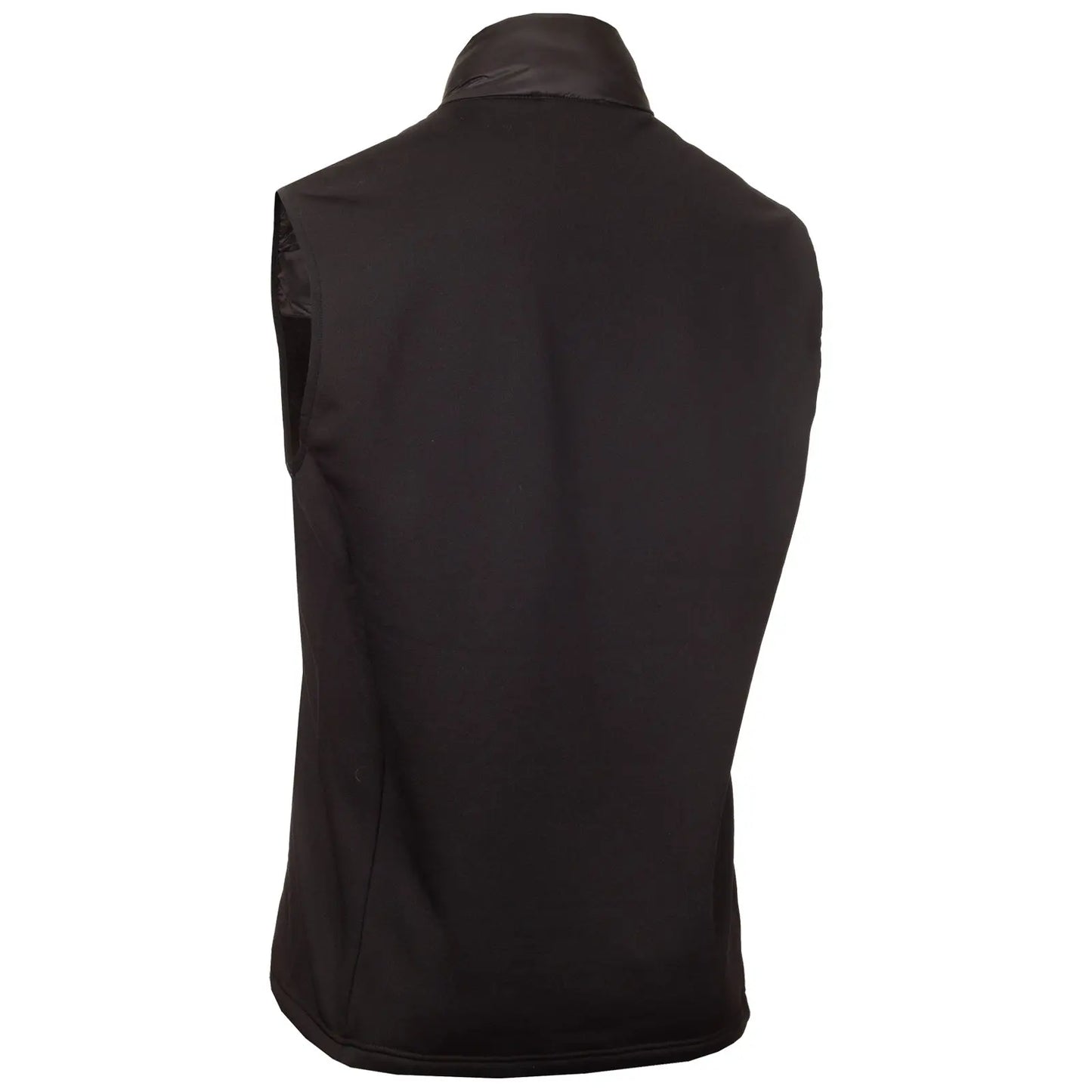 A black sleeveless vest hangs upright showcasing a smooth texture and a high collar with no visible fastenings in a neutral background devoid of any distractions.
