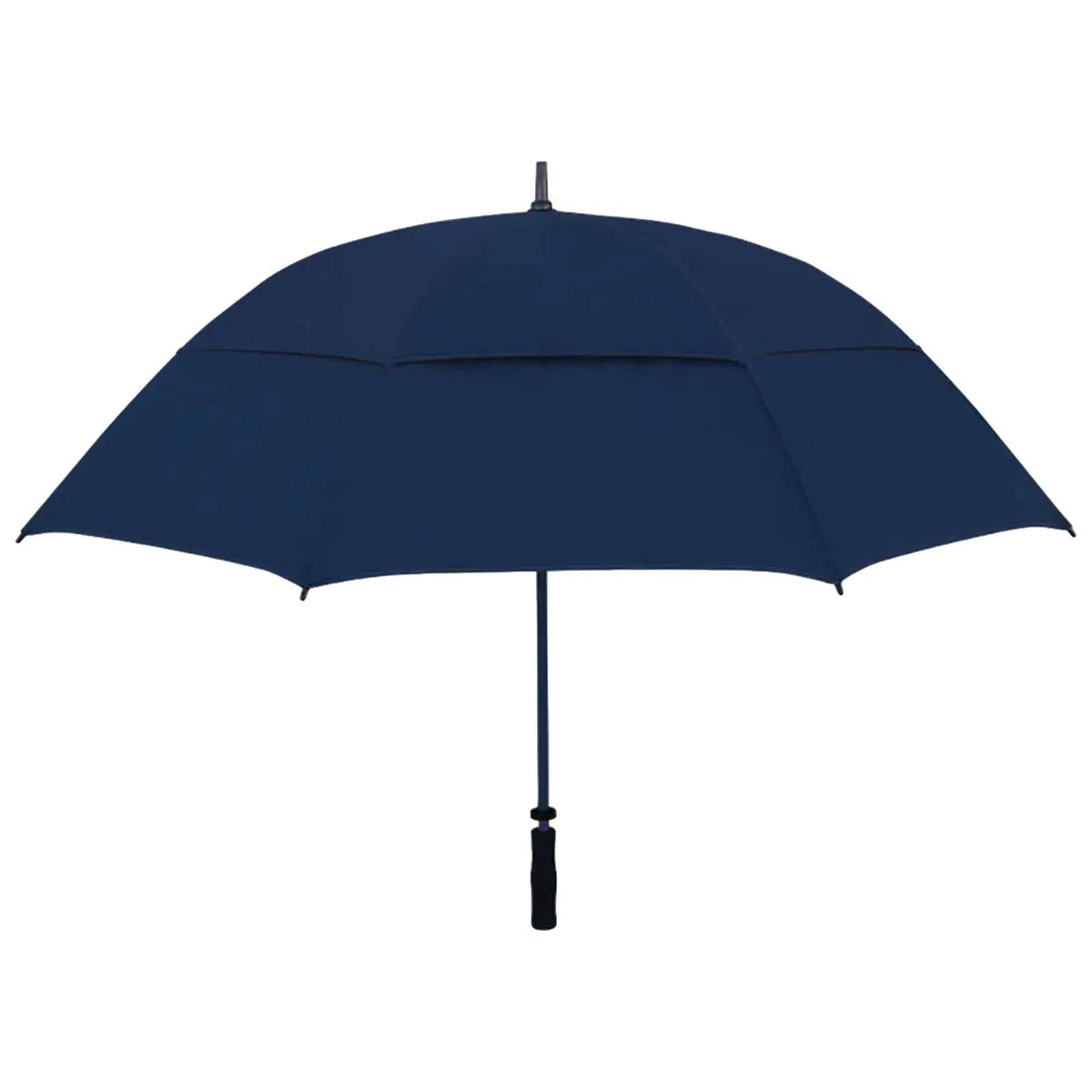 A navy blue umbrella with a curved canopy and a black handle stands upright against a plain background, designed to provide shelter from rain or sun.