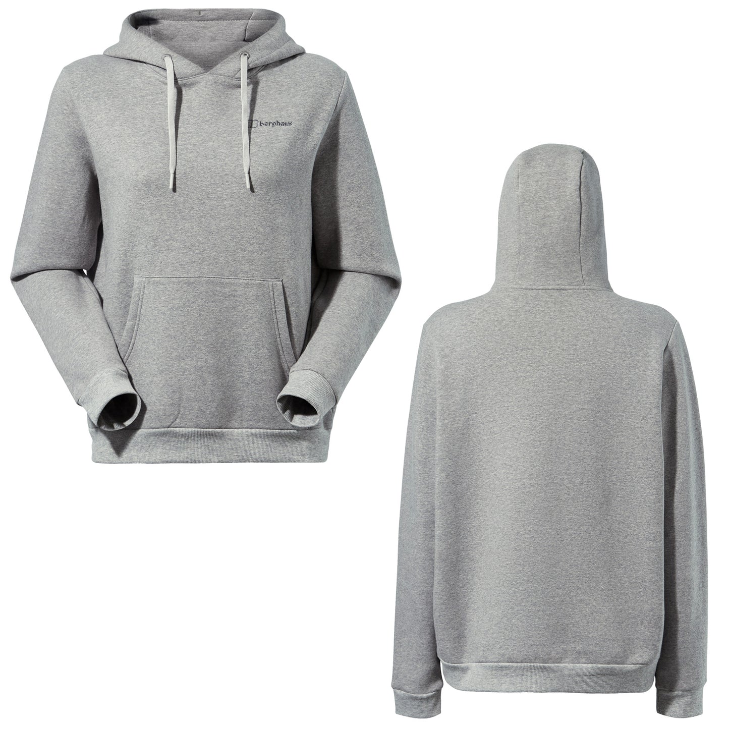 A gray hoodie is displayed from the front and back views featuring a front pocket and drawstrings on the hood The fabric appears soft and casual suitable for everyday wear