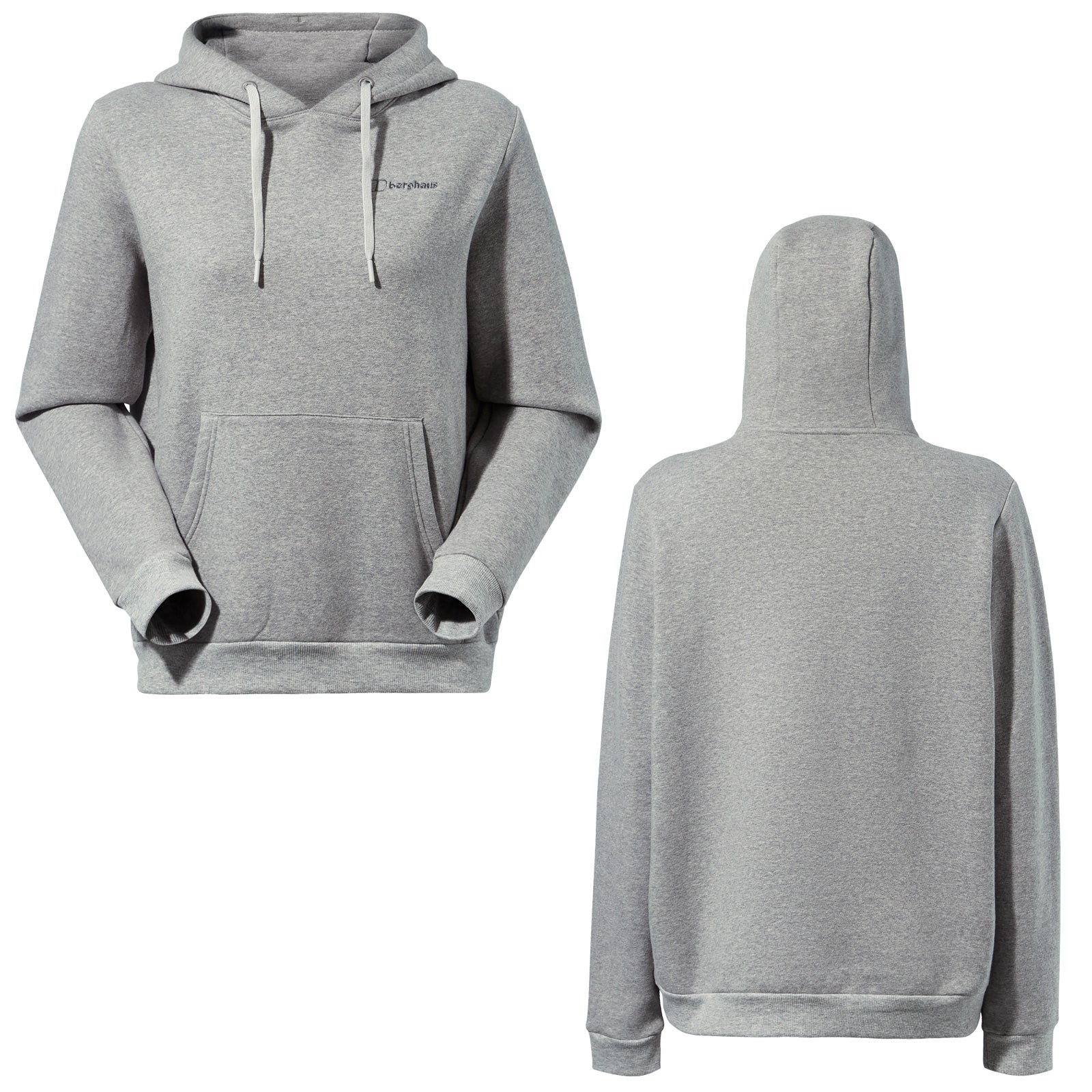 A gray hoodie is displayed from the front and back views featuring a front pocket and drawstrings on the hood The fabric appears soft and casual suitable for everyday wear