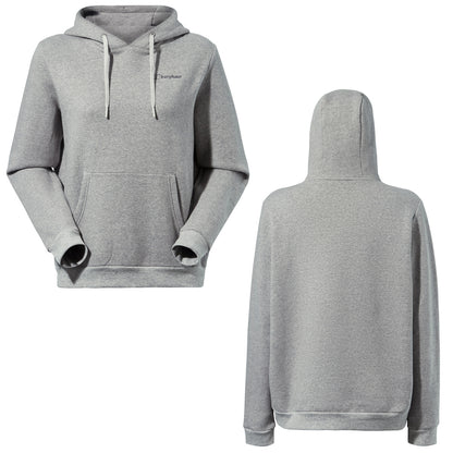A gray hoodie is displayed from the front and back views featuring a front pocket and drawstrings on the hood The fabric appears soft and casual suitable for everyday wear
