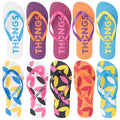 Thongs Ladies Flip Flops Sandals A collection of ten colorful flip flops arranged in two rows showcases various designs and colors with prominent branding and size labels visible on each sandal in a playful beach-themed context.