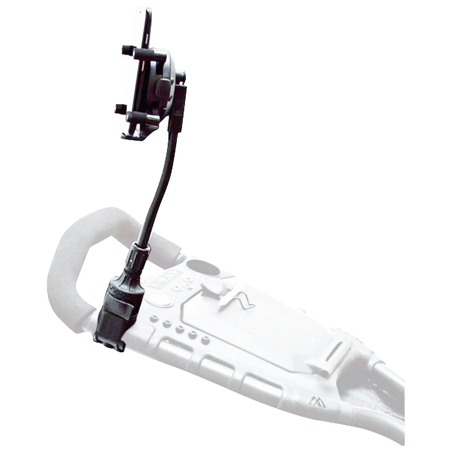 A phone mount is attached to a handle of a device with a flexible arm allowing the phone to be positioned securely for hands-free use in operational activities.