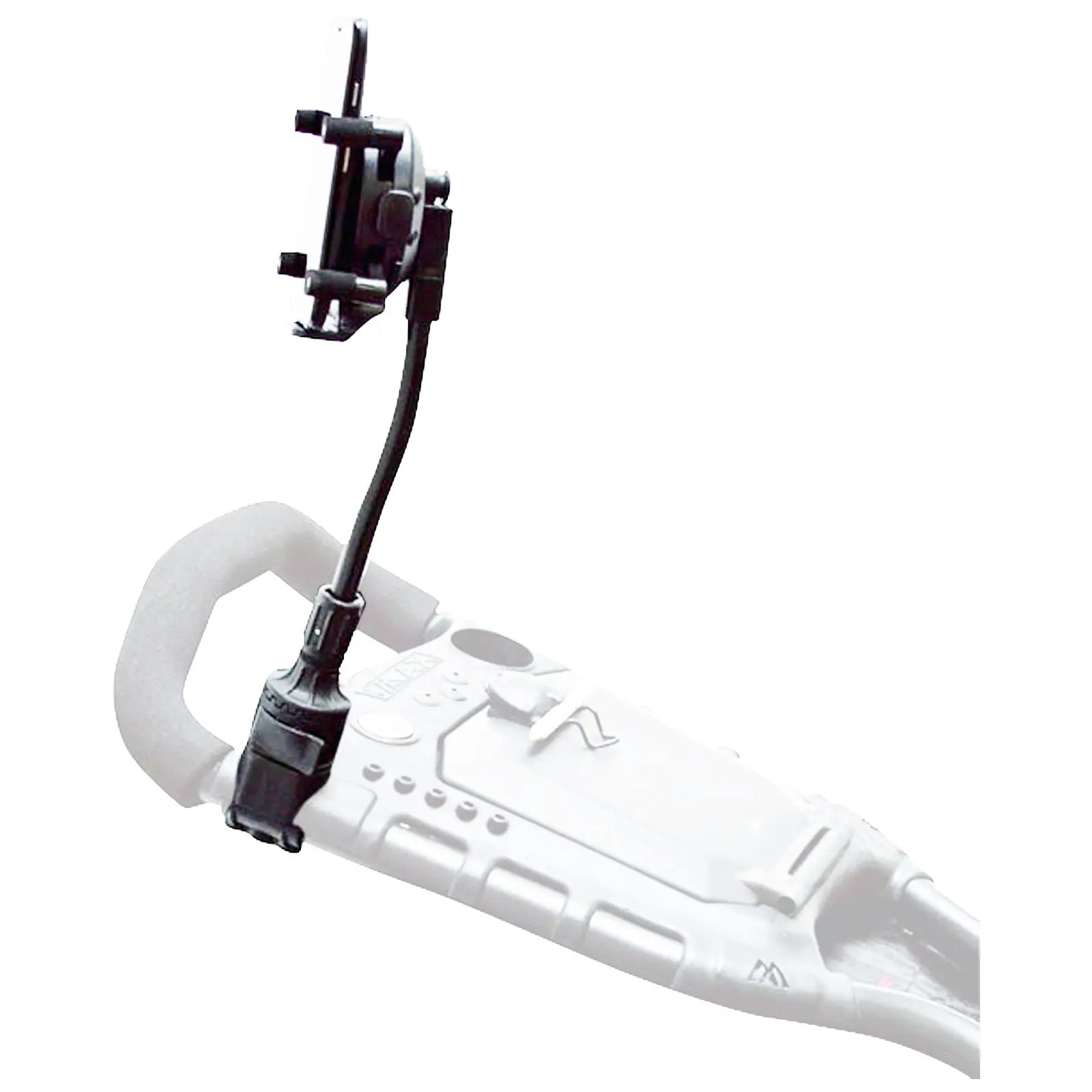 A phone mount is attached to a handle of a device with a flexible arm allowing the phone to be positioned securely for hands-free use in operational activities.