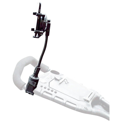 A phone mount is attached to a handle of a device with a flexible arm allowing the phone to be positioned securely for hands-free use in operational activities.
