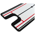 A sports referee card features a white surface with black and red lines indicating boundaries and zones it is positioned on a flat surface likely for officiating a game.