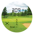 A digital display shows a distance of 309 meters to a golf flag on a well-maintained green surrounded by trees and a sand trap with a cloudy sky overhead