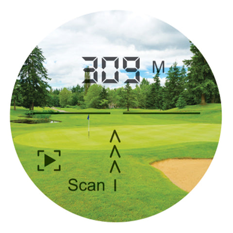 A digital display shows a distance of 309 meters to a golf flag on a well-maintained green surrounded by trees and a sand trap with a cloudy sky overhead