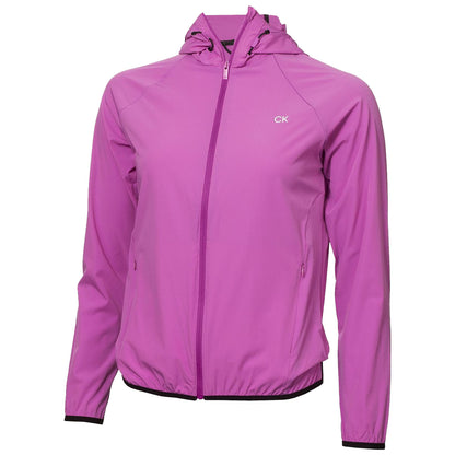 A pink hooded jacket is displayed standing upright showing its zipper and elastic hem while featuring a logo on the upper left side and two side pockets.
