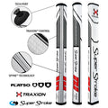 Three golf putter grips are displayed vertically showcasing features like Tech-Port Traxion Control and Spyne Technology. The design includes branding and technology icons along with product specifications below.