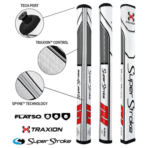 Three golf putter grips are displayed vertically showcasing features like Tech-Port Traxion Control and Spyne Technology. The design includes branding and technology icons along with product specifications below.