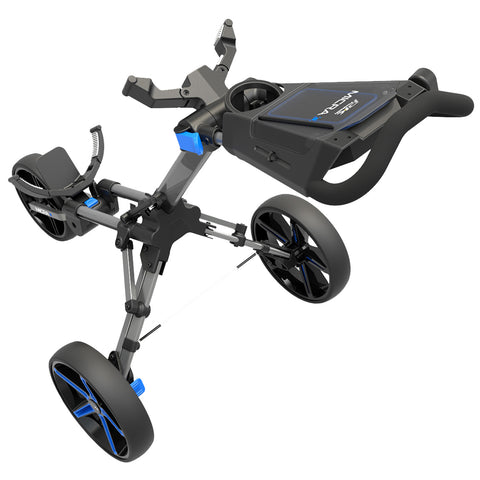 A golf push cart is positioned upright showcasing its three wheels and ergonomic handle it is designed for transporting golf bags on courses providing ease of mobility and convenience for players.