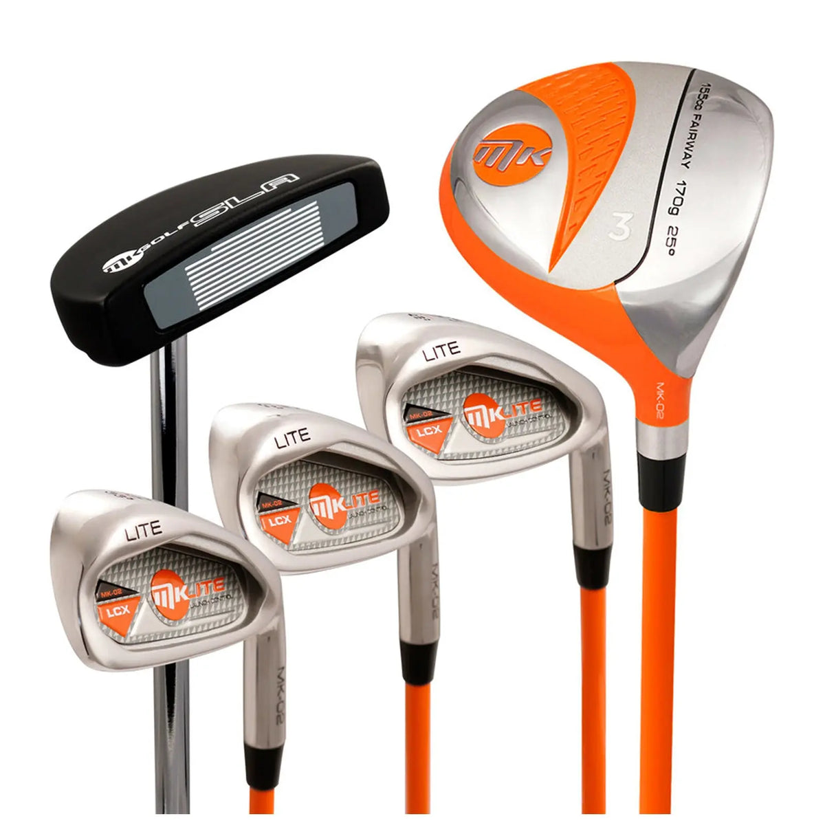 A collection of golf clubs is displayed including a putter and three irons alongside a fairway wood each featuring an orange and silver design with brand markings in a clean studio setting.