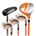 A set of golf clubs including a black putter and a fairway wood with orange accents alongside three iron clubs all featuring a silver design and orange details arranged together