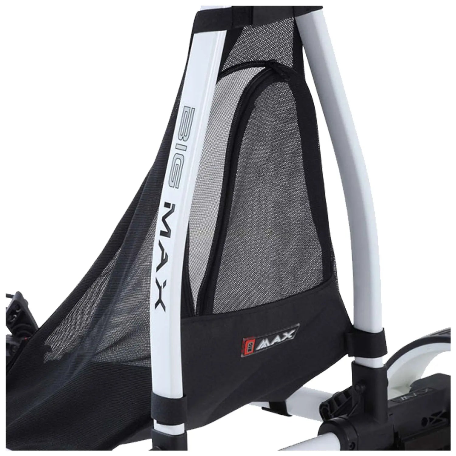 Mesh back support is attached to a frame with white and black components designed for comfort and breathability in a portable context such as a sports or outdoor setting.