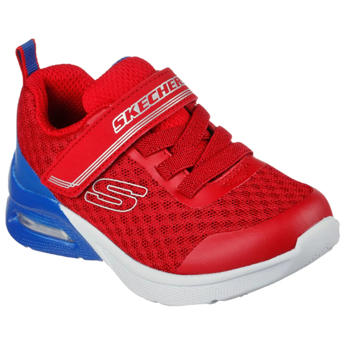 A red athletic shoe with a blue sole sits upright featuring mesh material and laces with a Velcro strap showcasing the brand name Skechers on the strap and side.