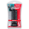 A black score card counter with numbered holes and memo sections is displayed in a clear plastic packaging. The product is designed for tracking scores in golf and includes a carabiner clip.
