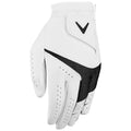 A white golf glove is positioned upright showcasing its leather surface with perforations and a black mesh section on the palm highlighting its design for grip and breathability