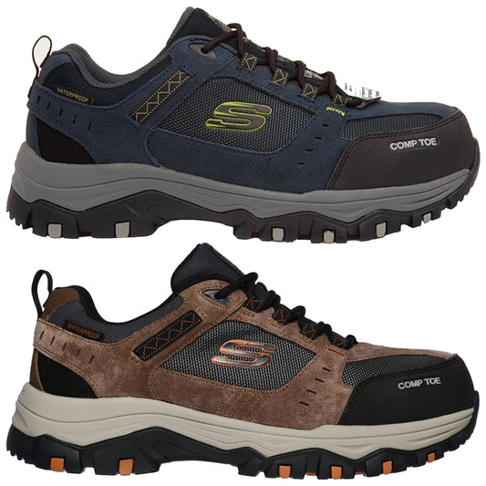 Two pairs of sturdy waterproof shoes are displayed side by side highlighting different color schemes one in dark blue and gray and the other in brown and gray with a rugged sole design