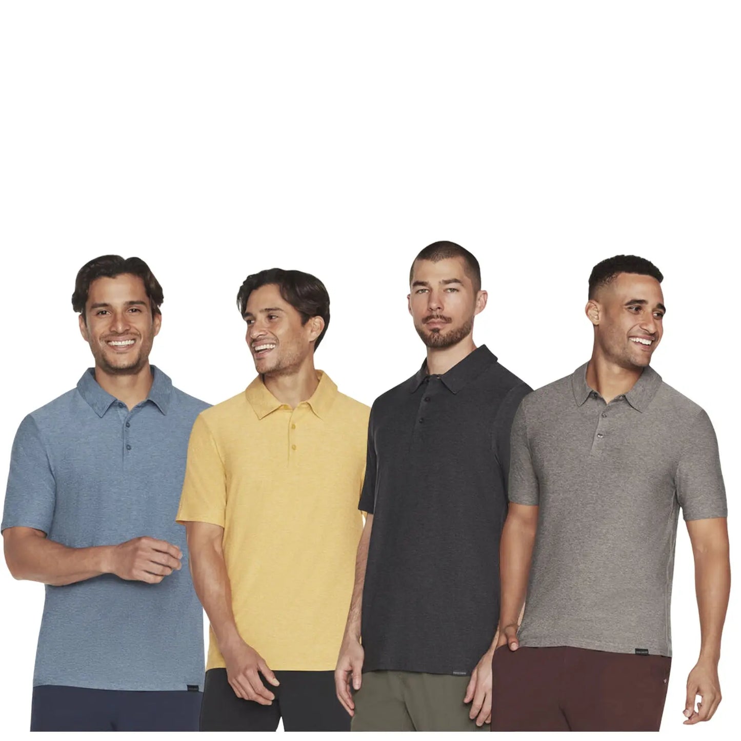 Skechers Mens All Day Polo Shirt MTO78 Four men are standing side by side wearing different colored polo shirts while smiling and interacting with each other in a neutral background showcasing casual attire.