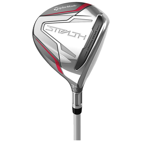 A golf club head designed for distance features a sleek silver and red finish with branding. It has a distinct shape with a speed pocket and a shaft connected at the bottom.