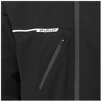 Black jacket with a zipper pocket displays a white logo labeled stuburt on the chest area highlighting its sporty design and functionality in an outdoor context.
