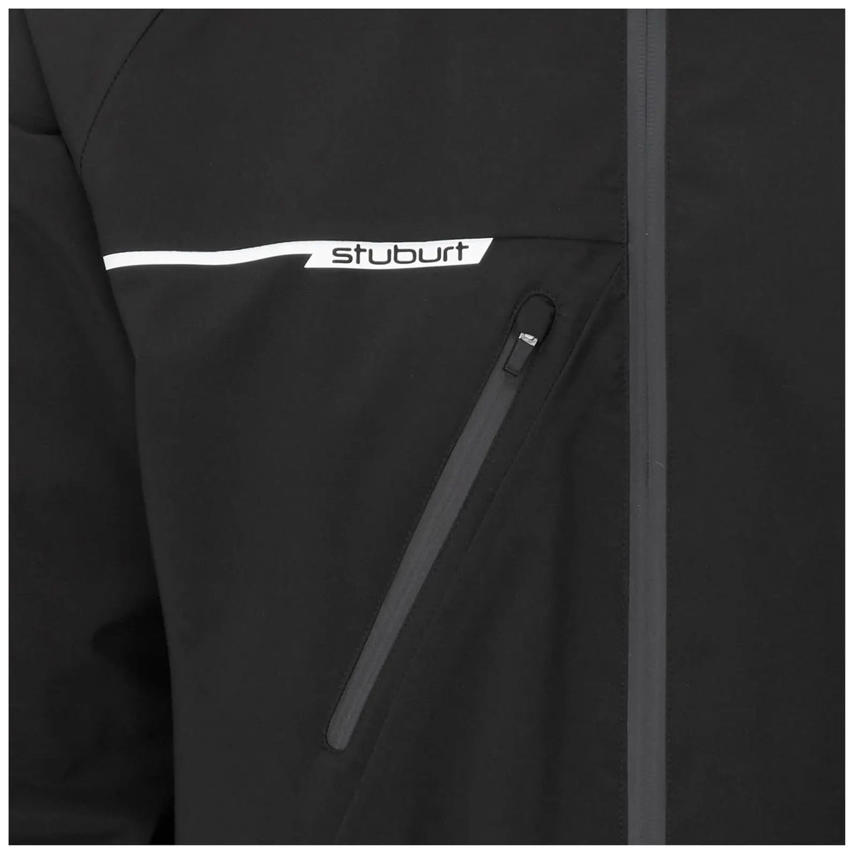 Black jacket with a zipper pocket displays a white logo labeled stuburt on the chest area highlighting its sporty design and functionality in an outdoor context.