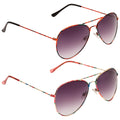 Two stylish sunglasses are displayed one above the other with colorful patterned frames and gradient lenses showcasing a blend of shades from dark at the top to lighter at the bottom.