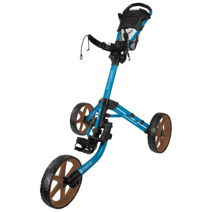 A blue golf push cart stands upright with three wheels and a handle. The cart is designed for transporting golf bags and accessories on a course.