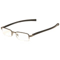 Rectangular glasses with thin black frames rest at an angle. They are designed for vision correction and are placed against a plain white background, emphasizing their shape and style.