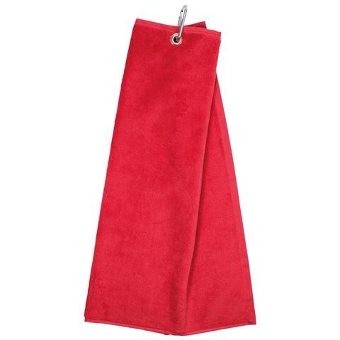 A red towel hangs from a metal ring suggesting it is ready for use in a bathroom or kitchen environment. The fabric appears soft and absorbent.