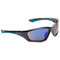 Sunglasses are displayed with a black frame and blue accents reflecting light the context suggests a casual or outdoor setting suitable for protection against sunlight.